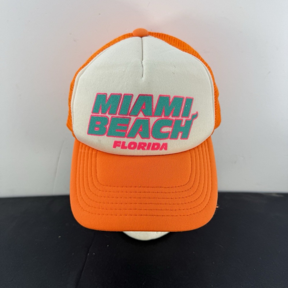 Vintage Miami Beach Florida Neon Orange Mesh Trucker Hat Snapback Cap Retro